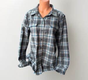 Pendleton Granola Girl Shirt Gray Blue Plaid 100% Virgin Wool Long Sleeve XL